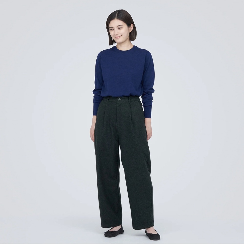 Muji Organic Cotton Stretch Brushed Cloth Tuck Wide Pants in Black Size Small